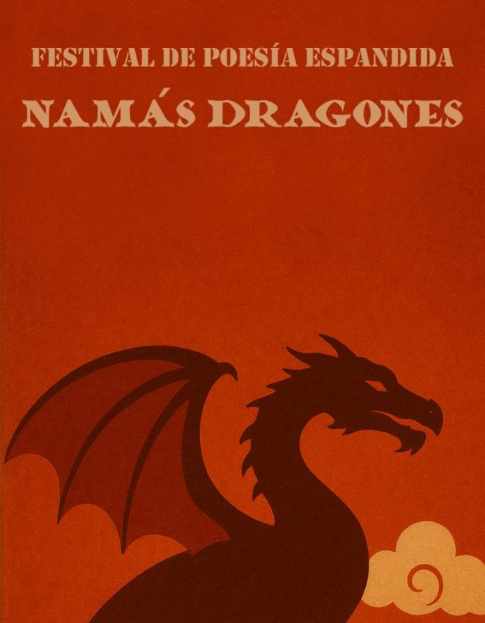 Cartel actividá de la Nueche Blanca Uviéu con texto: "Festival de Poesía Espandida NAMÁS DRAGONES" y silueta de un dragón. Tonos coloraos.