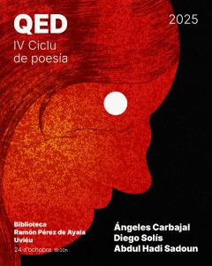 Cartelu primer sesión del 24 d'ochobre. Un perfil coloráu y güeyu blancu, con fondu prietu.