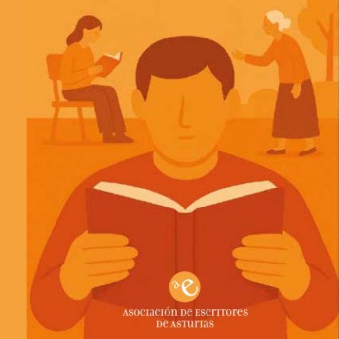Plantilla x1 RRSS ACeR Cartel: home y muyer lleendo, vieya caminando y árbole de fondu. Llogotipu y testu: Asociacion de Escritores de Asturias (en castellán)
