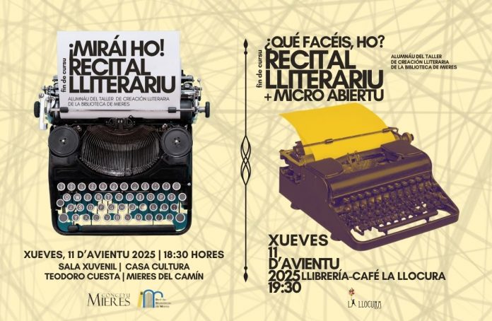 Carteles de los dos recitales: información y foto de dos máquinas de escribir