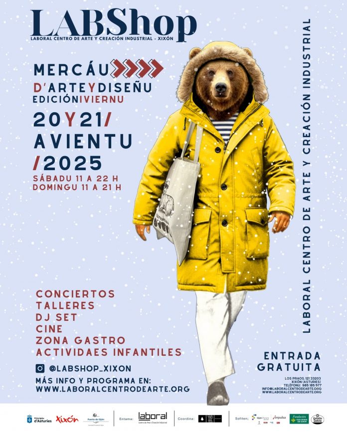 Cartel LABShop: 20 y 21 d'avientu 2025. Na semeya, un humanu con trenca mariella y cabeza d'osu caminando