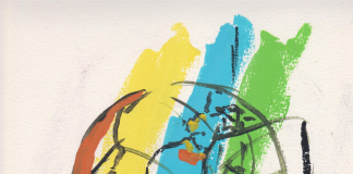 Tinéu anuncia la VI Feria del Llibru de Navelgas Cartel de la Feria. Dibuxu: llibru, globu xeográficu y pincelaes de color.