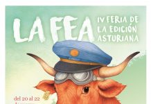 La FEA fai parada en Xixón los díes 20 al 22 de marzu Cartel de La FEA. La vaca Cordera, con gorru de ferroviariu y gafes d'aviador, lleendo un llibru del que sal un tren.