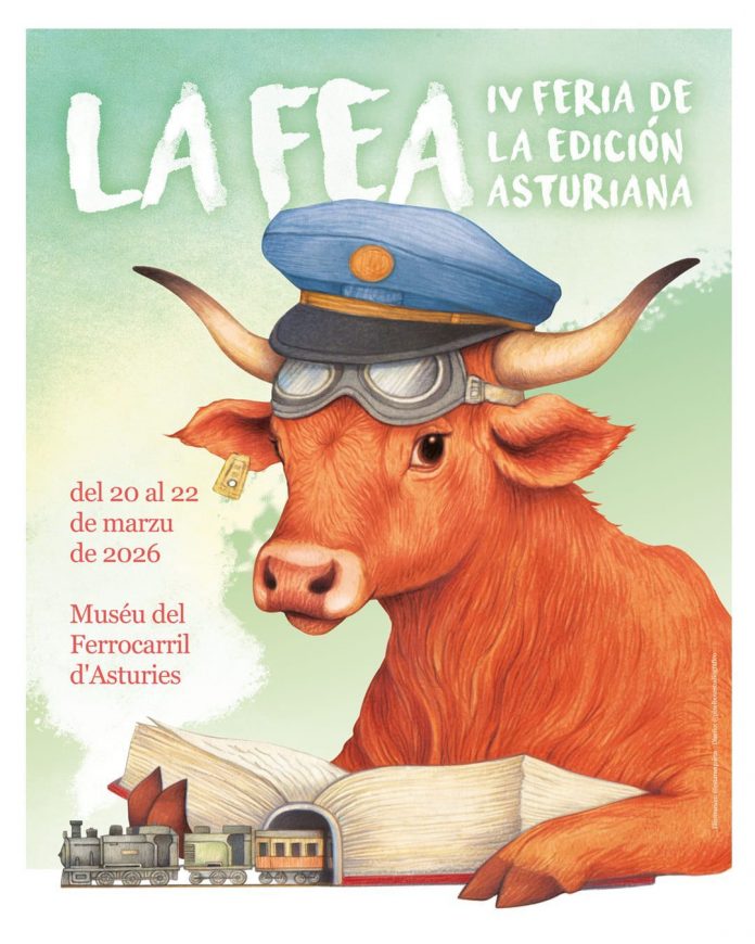 Plantiya Cuatro Gotes Cartel de La FEA. La vaca Cordera, con gorru de ferroviariu y gafes d'aviador, lleendo un llibru del que sal un tren.
